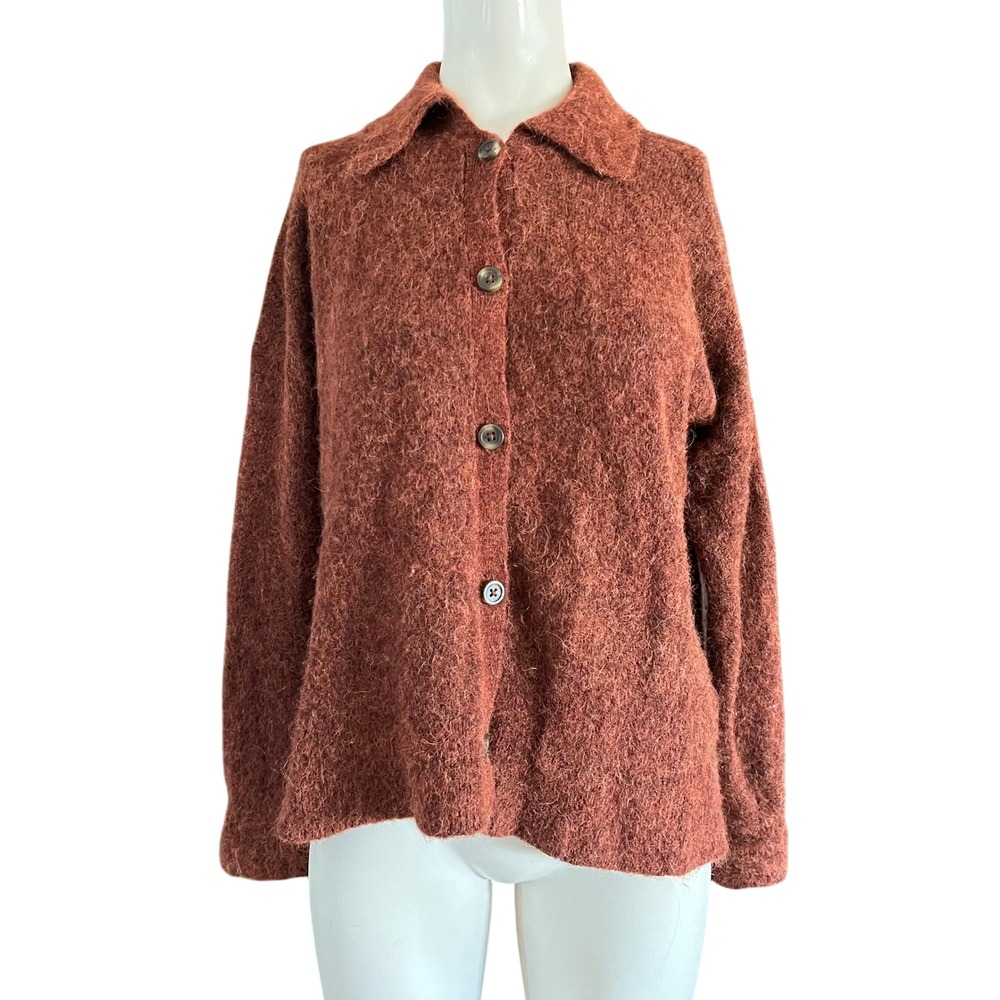 Madewell Rust Brown Alpaca Merino Wool Blend Fuzzy Button Collared Cardigan